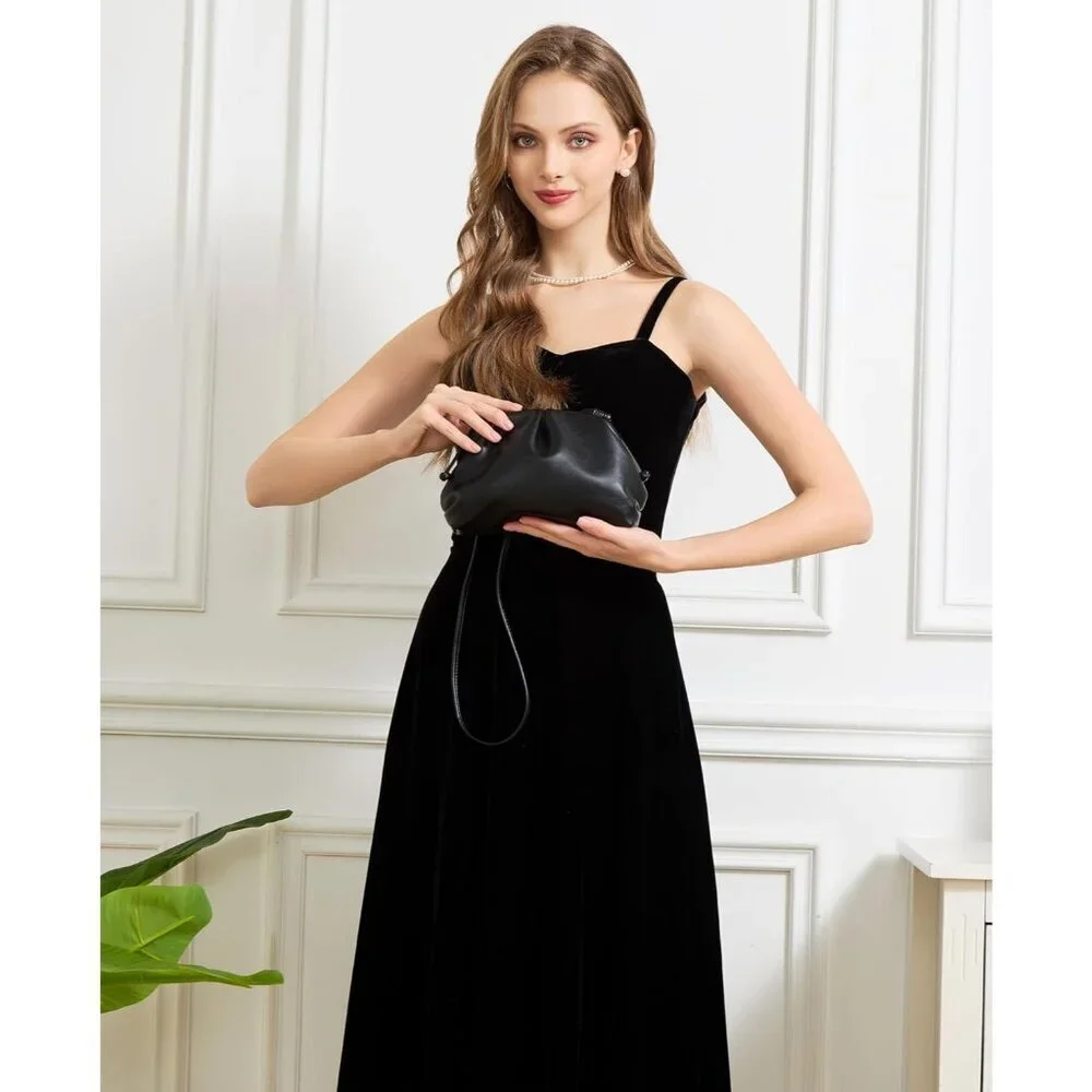 Women's Black PU leather Elegant Dressy Pleated Cloud Super Soft Clutch